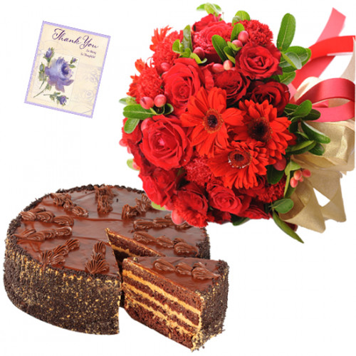 Admire the Love - 20 Red Roses, Gerberas, Carnations in Basket, 1/2 Kg Chocolate Cake + Card