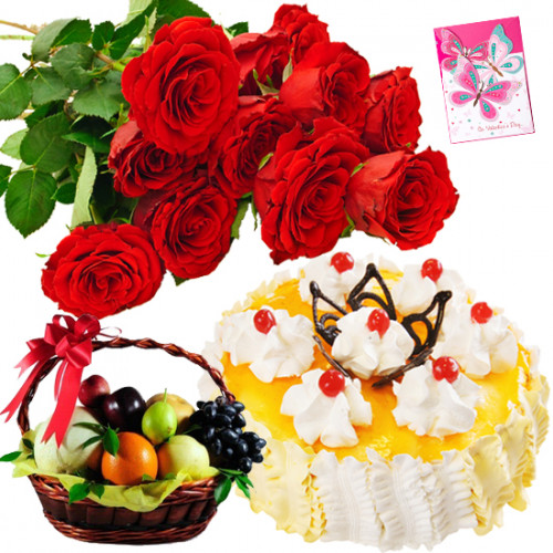 Desire of Joy - 10 Red Roses Bunch, 1/2 Kg Pineapple Cake, 2 Kgs Fresh Fruits Basket + Card