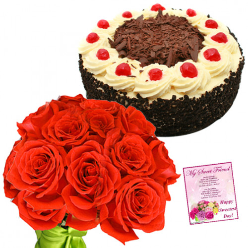 Passionate Joy - 12 Red Roses Bunch, 1/2 Kg Black Forest Cake + Card