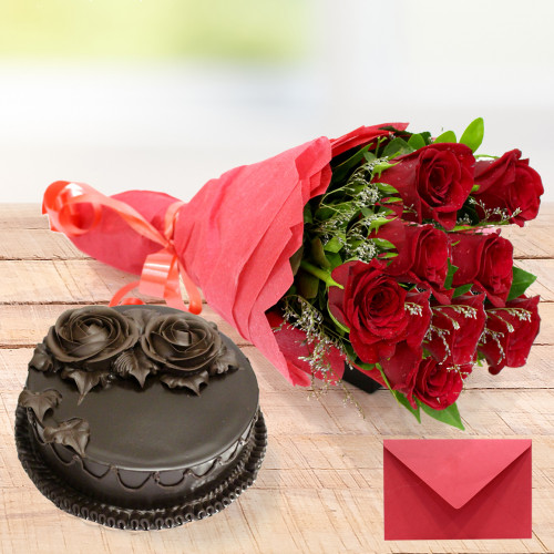 Cool Gift - 12 Red Roses Bunch, 1 Kg Cake + Card