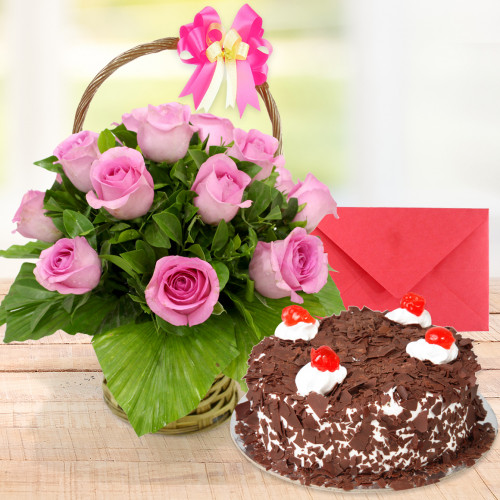 Marvelous Thought - 15 Pink Roses Basket, 1/2 Kg Black Forest Cake + Card