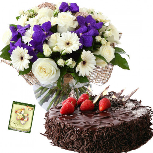 Wonderful Joy - 5 Orchids with 15 Mix White Flowers in Vase, 1/2 Kg Chocolate Cake + Card