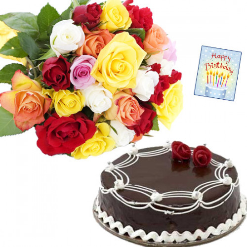 Divine Experience - 12 Mix Roses, 1 Kg Cake + Card
