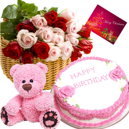 Excellence - 20 Red and Pink Roses in Basket, 1 Kg Cake, Teddy Bear 6 inch + Card