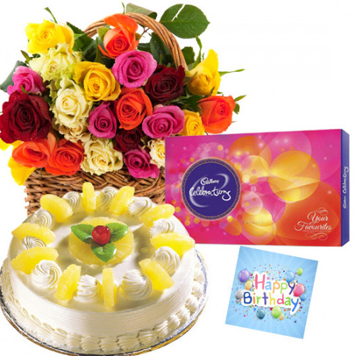 Fair Deal - 25 Mix Roses in Basket, 1/2 Kg Cake, Cadbury Celebration + Card