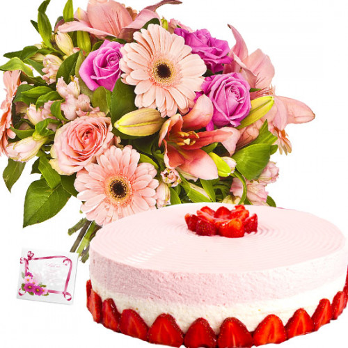 Striking Gift - 15 Pink Roses and Gerberas, 1 Kg Cake + Card