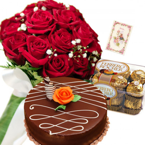 Unusual Thought - 10 Red Roses, 1/2 Kg Chocolate Cake, Ferrero Rocher 16 pcs + Card