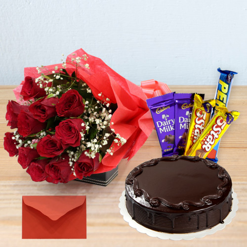 Offbeat Choice - 12 Red Roses Bunch, 1/2 Kg Cake, 5 Assorted Bars + Card