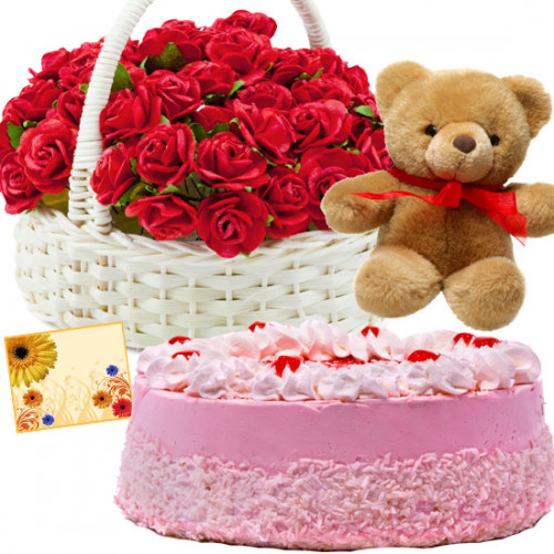 Outstanding Presents - 50 Red Roses Basket, 1/2 Kg Strawberry Cake,  Teddy Bear 6 inch + Card