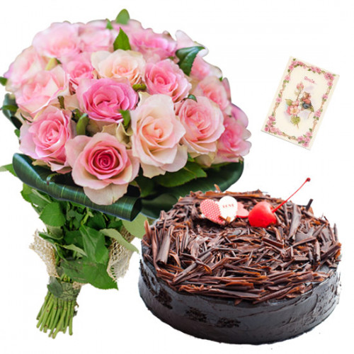 Charming Treat - 16 Pink Roses Bunch, 1 Kg Cake + Card