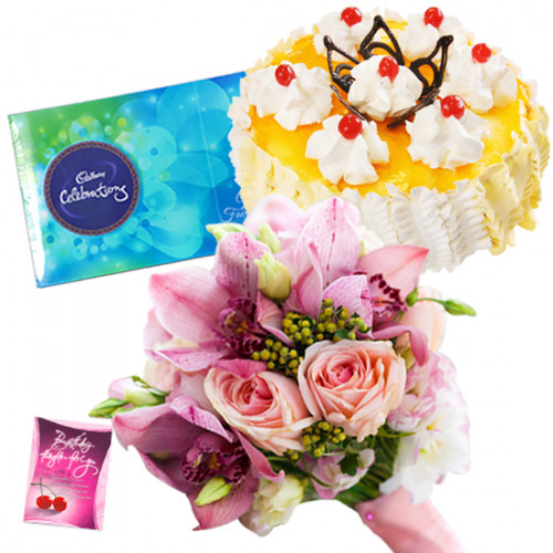 Serene Love - 12 Pink Roses Bunch, 1/2 Kg Pineapple Cake, Cadbury Celebration + Card