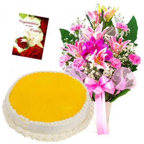 Winning your Heart - 15 Pink Mix Flowers Vase, 1/2 Kg Pineapple Cake + Card