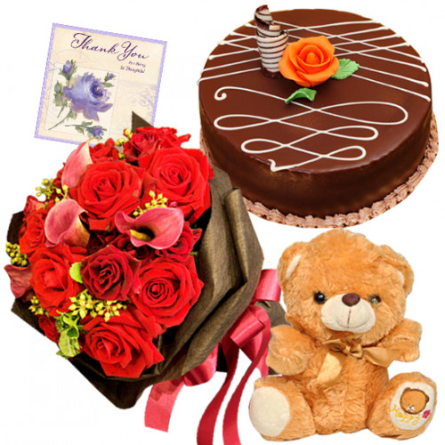 Bedazzled - 15 Red Roses Bunch, 1/2 Kg Chocolate Cake, Teddy Bear 6 inch + Card