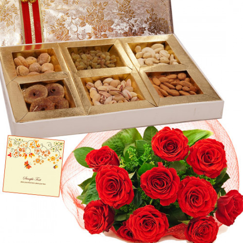 Delicate Treat - Bunch of 10 Red Roses, Assorted Dry Fruits Box 1 Kg & Card