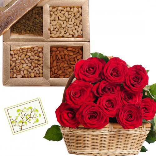 Love Filled Heart - Basket Arrangement of 25 Red Roses, Assorted Dryfruits in Box 500 gms & Card