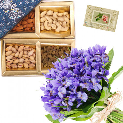 Orchids with Dry Fruits - Bunch of 12 Purple Orchids, Assorted Dryfruits in Box 500 gms & Card