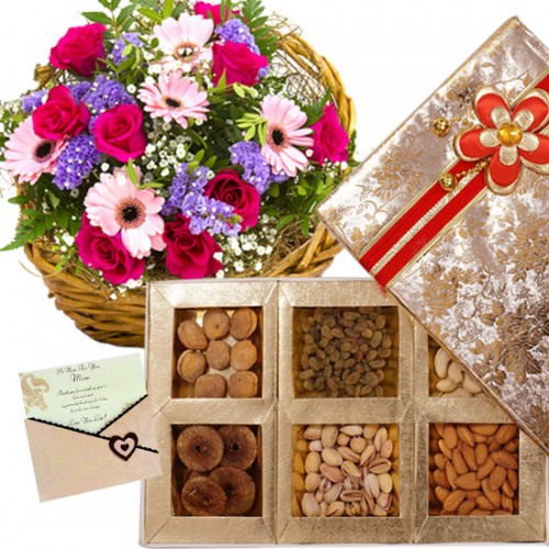 Made for U Only - Basket Arrangement of 25 Mix Flowers, Assorted Dryfruits in Box 1 Kg & Card