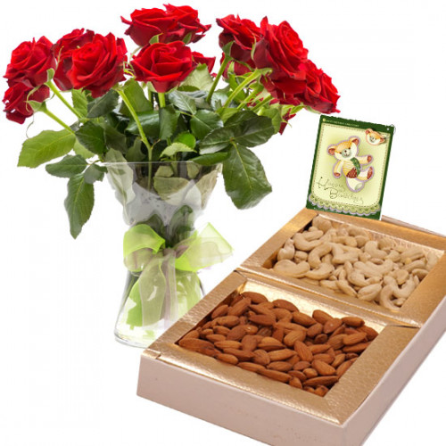 Rose Delight - 12 Red Roses in Vase, Almond & Cashew 400 gms Box & Card