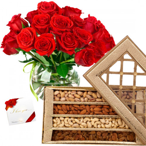 Make the Day - 20 Red Roses in Vase, Assorted Dryfruits in Box 1 Kg & Card