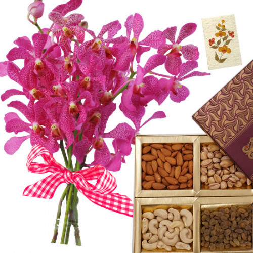 Love & Regards - 6 Pink Orchids Bunch, Mixed Dryfruits Box 500 gms & Card