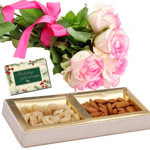 Attractive Combo - Bunch of 15 Pink Roses, Cashew & Almonds Box 500 gms & Card