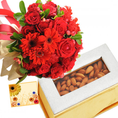 Red Combo - Bunch of 15 Red Roses with Red Carnations, Almond 500 gms Box & Card