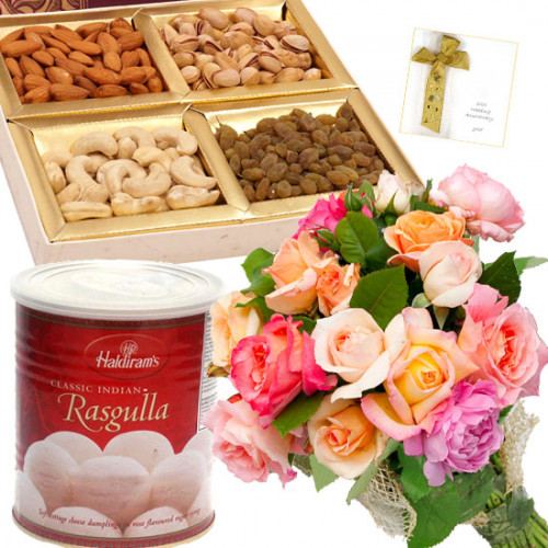 Lets Celebrate - Bunch of 15 Mix Roses, Assorted Dryfruits Basket 200 gms, Rasgulla 500 gms & Card