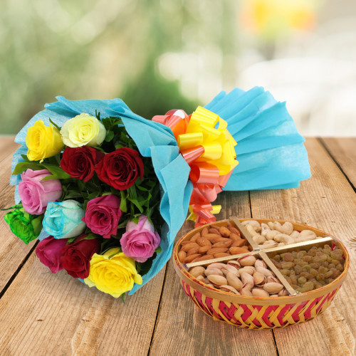 Fresh Gift - Bunch of 10 Mix Roses, Assorted Dryfruits in Basket 500 gms & Card