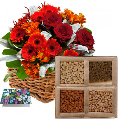 Awesome Blossom - 6 Red Gerberas & 6 Red Roses + 6 Carnations Basket, Assorted Dryfruits in Box 500 gms & Card