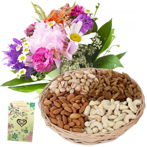 Bunch N Basket - Bunch of 15 Mix Flowers, Assorted Dryfruits in Basket 200 gms & Card