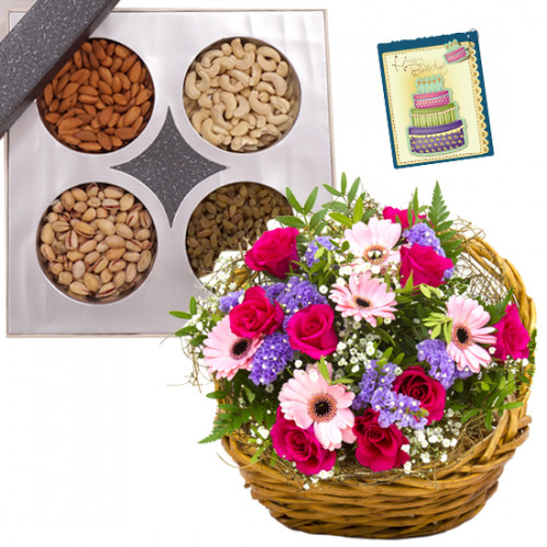 Handful Happiness - Basket of 15 Mix Flowers, Assorted Dryfruits in Box 400 gms & Card