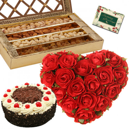 Heart for Love - 30 Red Roses Heart Shaped Arrangements, Assorted Dryfruits in Box 200 gms, Black Forest Heart Cake 1kg & Card