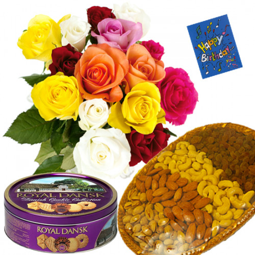 Box of Joy - Bunch of 18 Mix Roses, Assorted Dryfruits in Basket 200 gms, Danish Butter Cookies & Card