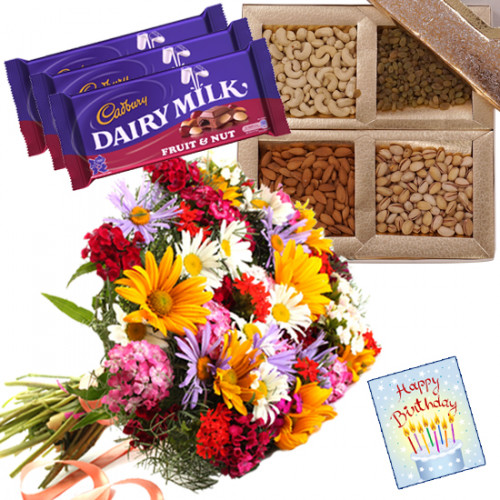 Nutty N Crunchy - Bunch of 12 Mix Flowers, Assorted Dryfruits in Box 200 gms, 3 Fruit n Nut & Card