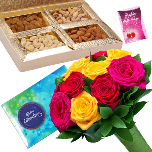 Celebration with a Difference - Bunch of 12 Mix Roses, Assorted Dryfruits in Box 400 gms, Cadbury Celebrations 118 gms & Card