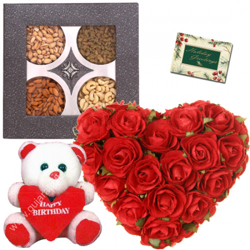 Heartful of Love - 25 Red Roses Heart Shape Arrangement, Assorted Dryfruits in Box 200 gms, Teddy with Heart 6 inch & Card
