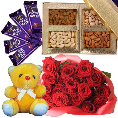 Perfect Hamper for You - Bunch of 20 Red Roses, Assorted Dryfruits in Box 200 gms, Teddy 6 inch, 5 Dairy Milk & Card