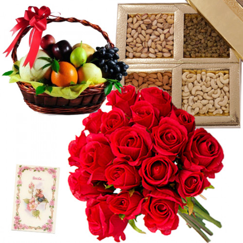 Fruit N Dryfruits - Bunch of 12 Red Roses, Assorted Dryfruits in Box 200 gms, Mix Fruit Basket 2 Kg & Card