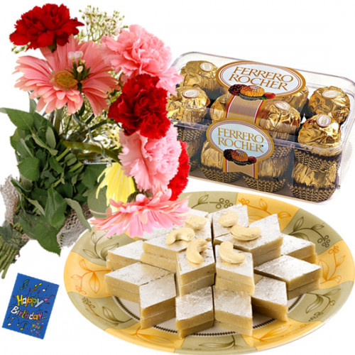 Sweet Carnation - 15 Mix Carnations Bunch, Kaju Katli 250 gms, Ferrero Rocher 16 Pcs & Card