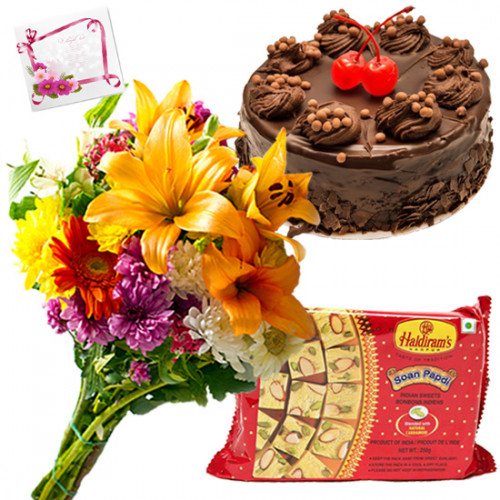 Seasonal Papdi Treat - 12 Mix Seasonal Flowers Bunch, Soan Papdi 250 gms, Chocolate Cake 1/2 Kg & Card