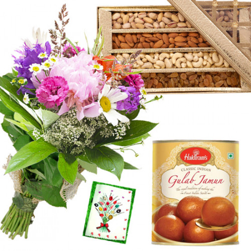 Seasonal Assortment - 15 Mix Seasonal Flowers Bunch, Gulab Jamun 500 gms, Assorted Dry Fruits Box 200 gms & Card
