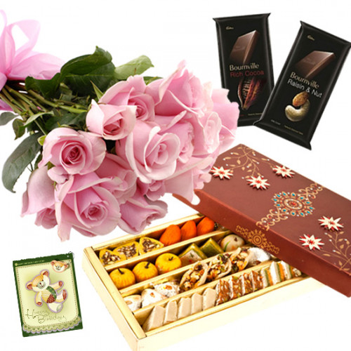 Pink Mix Choco - 12 Pink Roses Bunch, Kaju Mix 500 Gms, 2 Bournville 30 gms each & Card