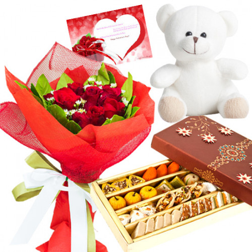 Red Mix Teddy - 6 Red Roses Bunch, Kaju MIx 500 gms, Teddy 6 inch  & Card