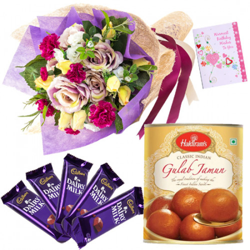 Swwet Seasonal Choco - 15 Seasonal Flowers Bunch, Gulab Jamun 500 gms, 5 Dairy Milk 14 gms each & Card