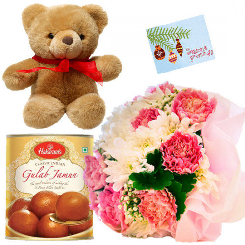 Carnation Sweet Bear - 15 Pink and White Carnations Bunch, Gulab Jamun 500 Gms, Teddy bear 6 inch  & Card