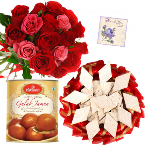 Rose Dual Combo - 12 Pink & Red Roses Bunch, Gulab Jamun 500 gms, Kaju Katli 250 gms & Card