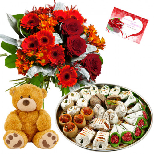 Flower Mix Teddy - 12 Mix Red Flowers Bunch, Kaju Mix 250 gms, Teddy bear 6 inch  & Card