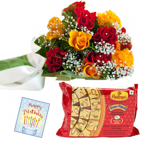 Red N Yellow Papdi - 10 Red and Yellow Roses, Soan Papdi 250 gms & Card