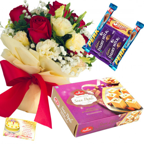 Red N White Bars - 15 Red & White Roses Bunch, Soan Papdi 250 gms, 5 Assorted Bars & Card