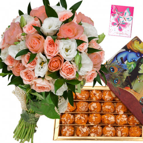 Pink Laddoo Bunch - 12 Pink and White Roses Bunch, Motichur Laddu 250 gms & Card
